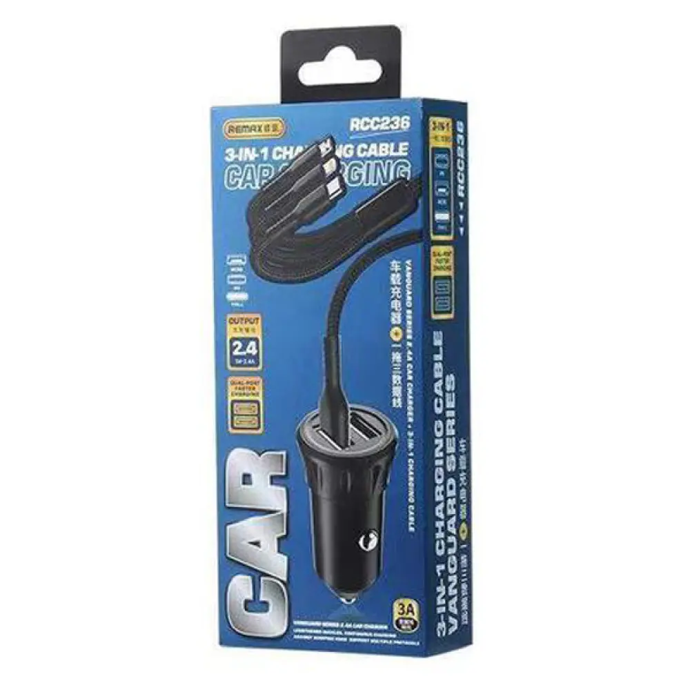 Автомобильное зарядное устройство Vanguard 2.4A 3 in 1 charging cable 12W