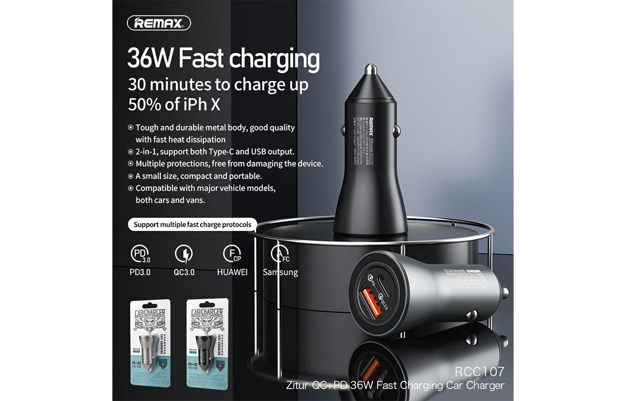 Автомобильное зарядное устройство Remax RCC107 36W  ZITUR PD +QC                      