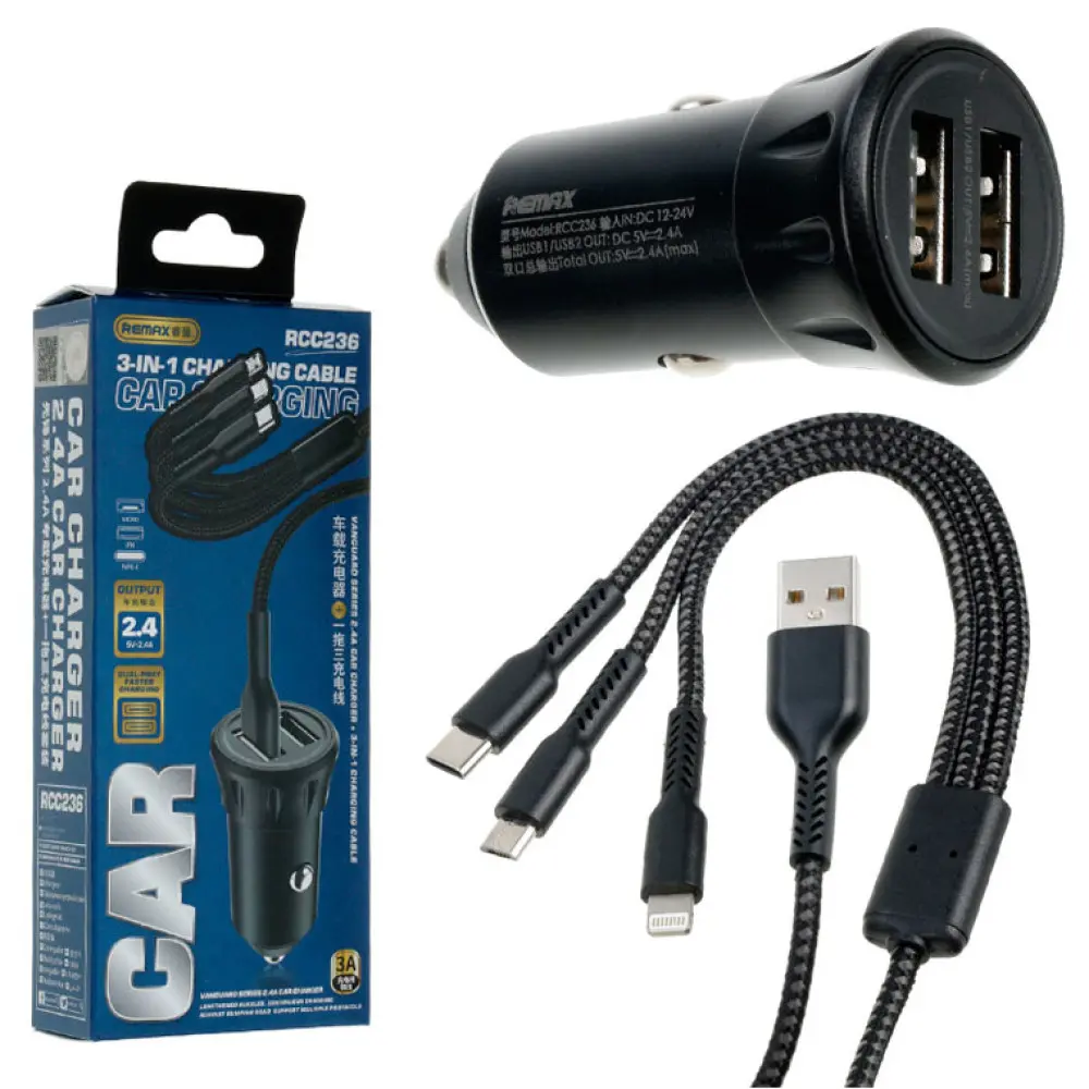 Автомобильное зарядное устройство Vanguard 2.4A 3 in 1 charging cable 12W