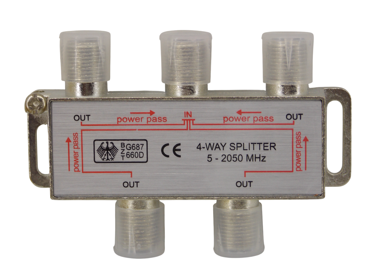 Телевизионный антенный сплиттер  разветвитель 4 выхода с проходом питания 5 - 2050 MГц