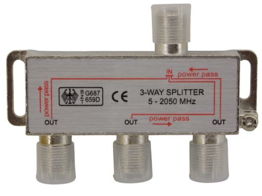 Телевизионный антенный сплиттер  -  разветвитель на 3 выхода с проходом питания  5 - 2050MHz
