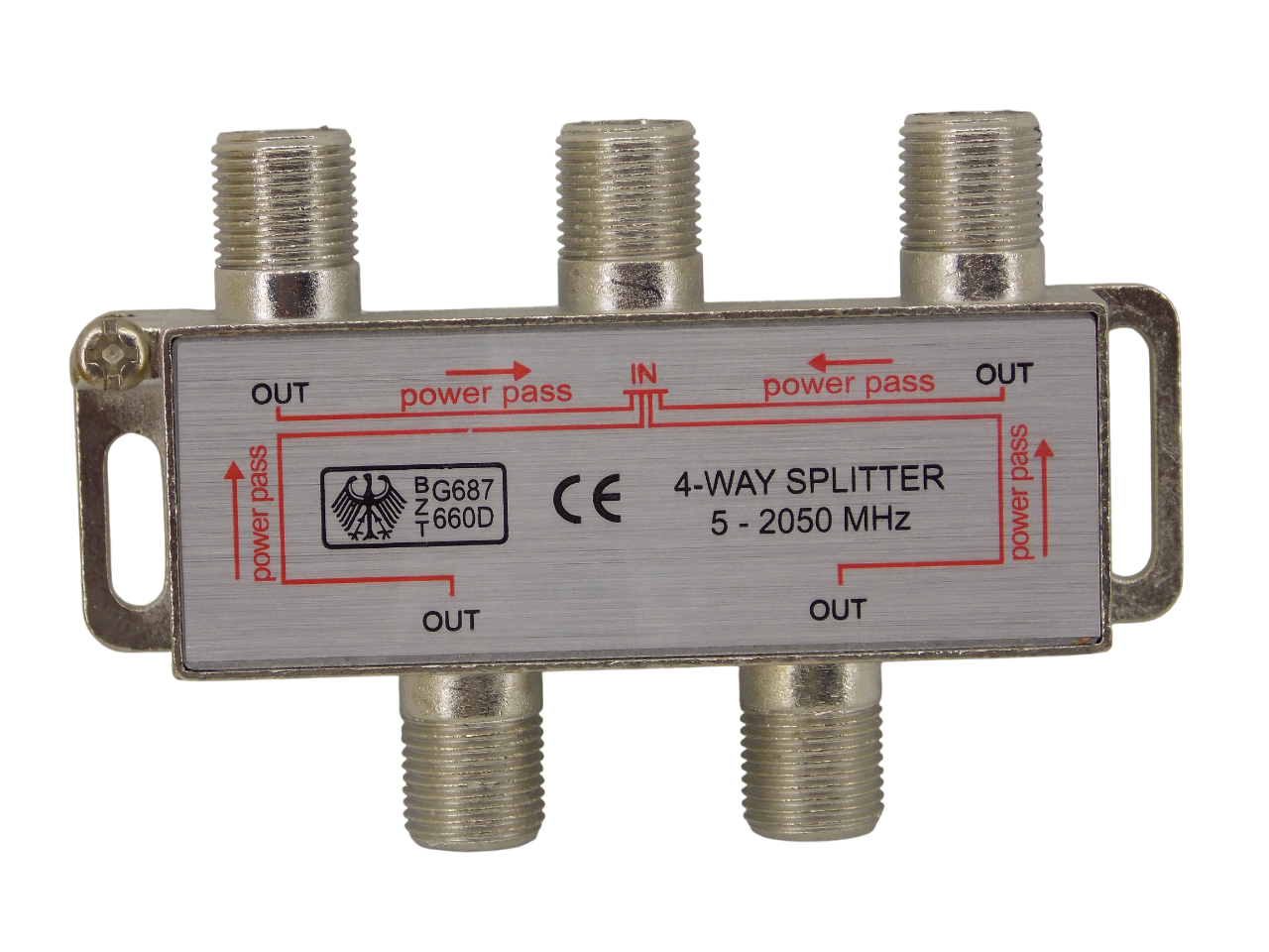Телевизионный антенный сплиттер  разветвитель 4 выхода с проходом питания 5 - 2050 MГц