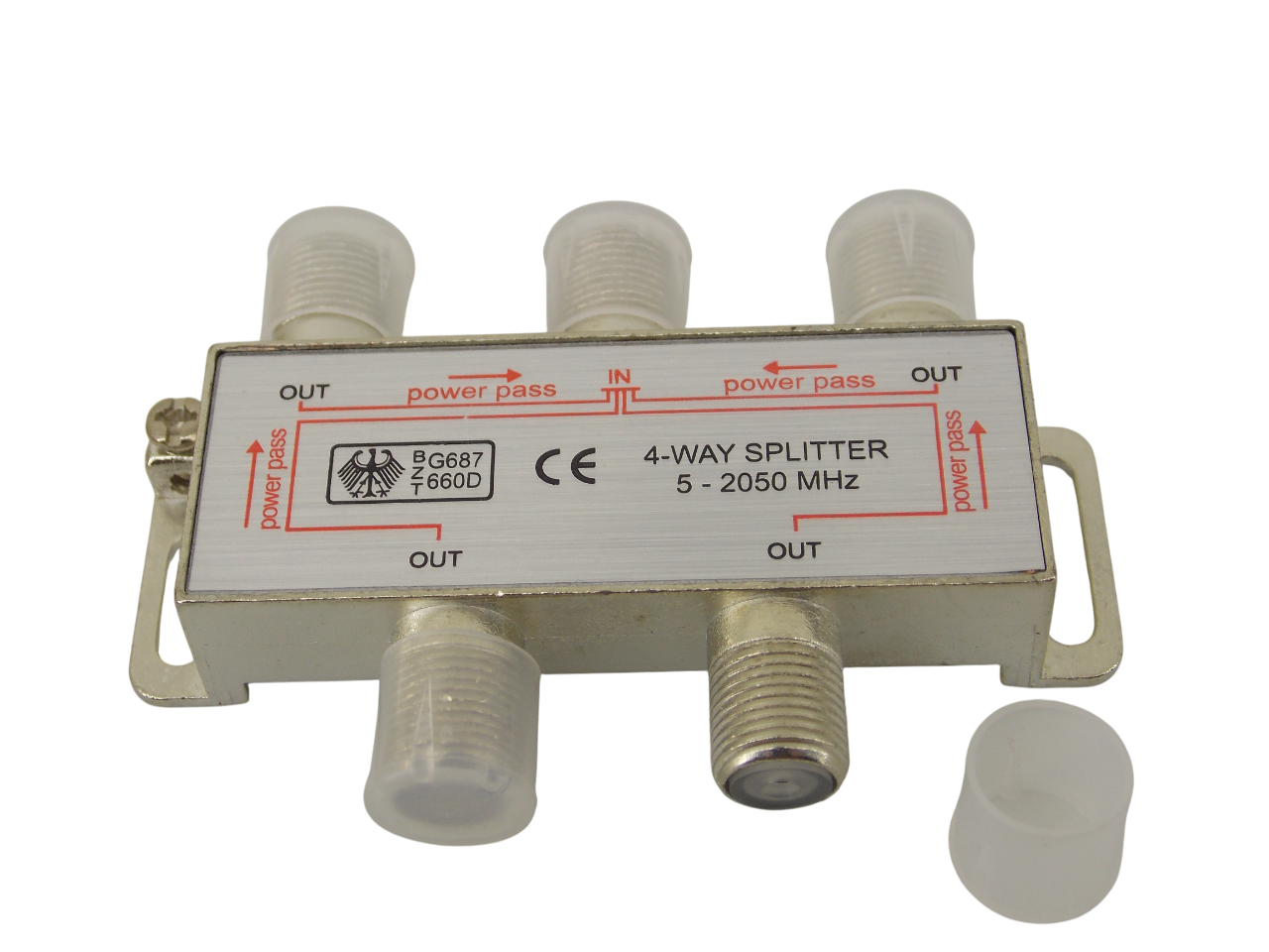 Телевизионный антенный сплиттер  разветвитель 4 выхода с проходом питания 5 - 2050 MГц